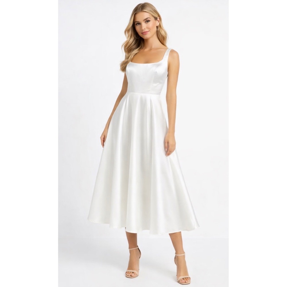NWT Ieena for Mac Duggal 11885 White Satin‎ Tea Length A-Line Dress Size 2 $398